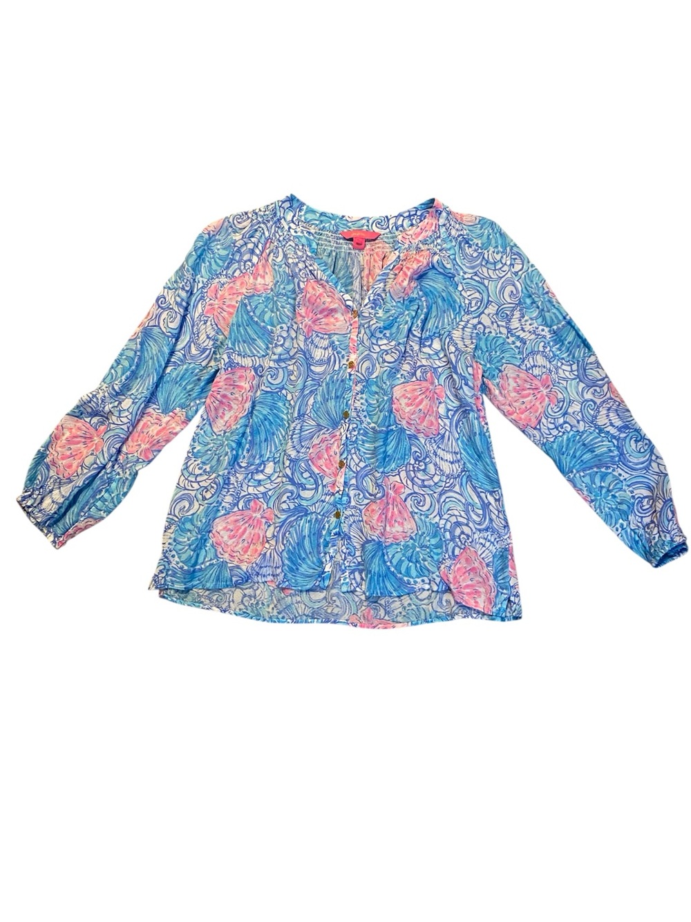 Lilly Pulitzer Blue & Pink Shell-Print Long Sleeve Blouse